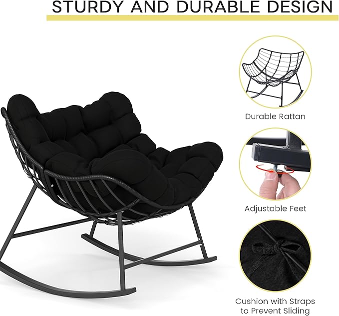 Kromax Oversized Outdoor Papasan Rocking Chair Set of 2, Wicker Egg Chair Rocker for Outside, Comfy Patio Rocker, Large Indoor Rocking Recliner, Modern Egg Style, Black