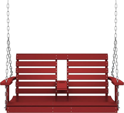 KINGYES Outdoor Hanging Patio Swing Chair, 2 Seat with Cup Holders, Waterproof Bench for Courtyard & Garden, 660LBS Weight Capacity, Red