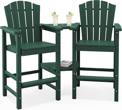 KINGYES Tall Adirondack Chair Set of 2,All Weather HDPE Bar Height Adirondack Chair with Double Connecting Trays, Outdoor Adirondack Barstools, High Airondack Chair, Balcony, Deck, Backyard, Green