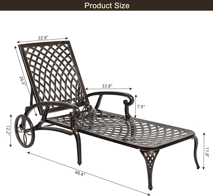 VINGLI Cast Aluminum Outdoor Chaise Lounge Chair with Wheels, Patio Chaise Lounge with 3-Position Adjustable Backrest - Photo 3