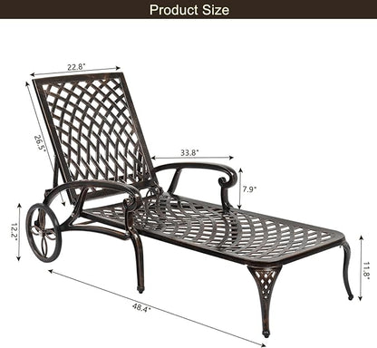 VINGLI Cast Aluminum Outdoor Chaise Lounge Chair with Wheels, Patio Chaise Lounge with 3-Position Adjustable Backrest, Tanning Chair Reclining Chair for Poolside (Bronze, Without Cushion)