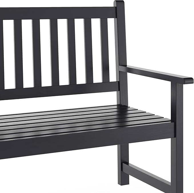 EMMA + OLIVER Ashford Patio Bench for Indoor/Outdoor Use, Acacia Wood Slatted Loveseat for 2, Perfect for Sunroom, Garden, Backyard or Porch, Black
