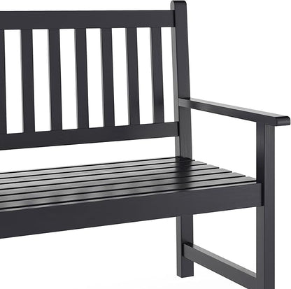 EMMA + OLIVER Ashford Patio Bench for Indoor/Outdoor Use, Acacia Wood Slatted Loveseat for 2, Perfect for Sunroom, Garden, Backyard or Porch, Black