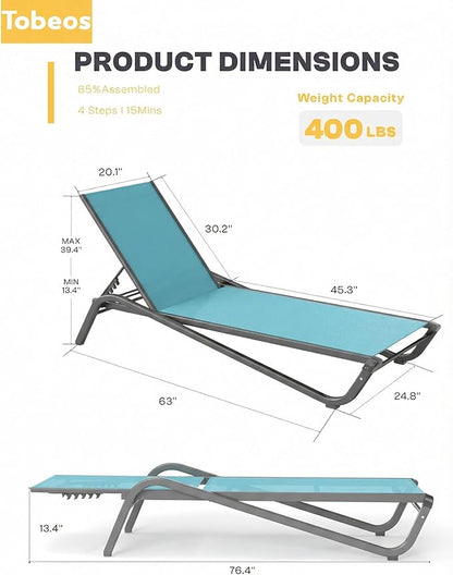 Outdoor Chaise Lounge Chair Set of 2, 5-Position Adjustable Patio Lounge Chair with Aluminum Frame, Textilene Fabric Pool Loung Chairs for Poolside, Deck, Backyard (Lake Blue)