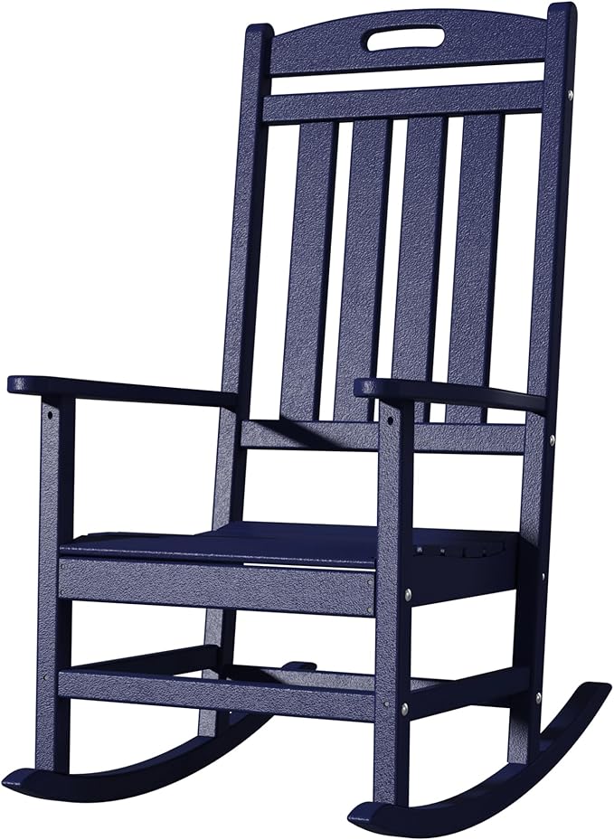 Outdoor Rocking Chair, All-Weather Resistant Poly Lumber Rocker Chair Outdoor, High Back Plastic Patio Rocking Chairs for Outside Porch Rocker Garden Lawn, Navy Blue