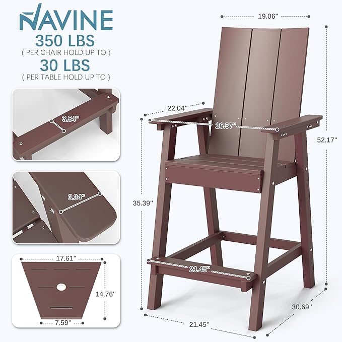 Tall Adirondack Chair Set of 2, HDPE Balcony Chairs with Connecting Tray, Two Cup Holders, All-Weather Adirondack Bar Stools for Patio, Balcony, Backyard, Poolside, Coffee
