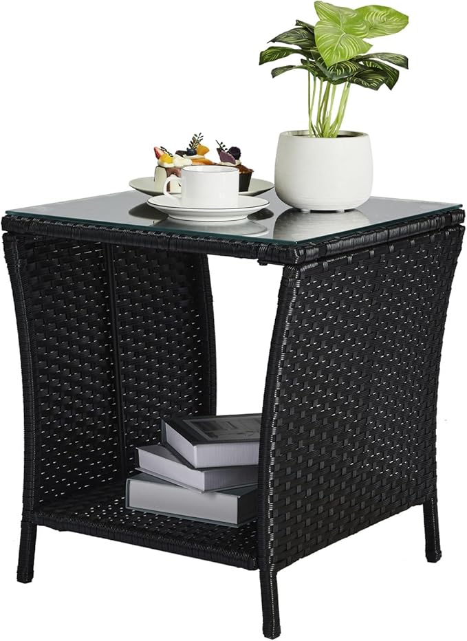 Wicker Rattan Side Table, Outdoor Square Rattan Coffee End Table with Tempered Glass Top and Storage for Patio Porch Lawn (Black)