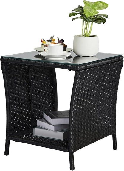 Wicker Rattan Side Table, Outdoor Square Rattan Coffee End Table with Tempered Glass Top and Storage for Patio Porch Lawn (Black)