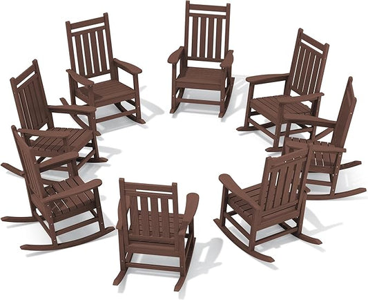 SERWALL HDPE Outdoor Rocking Chair Set of 8, Patio Rocking Chairs for Adults, All Weather Outdoor Rockers for Lawn, Brown