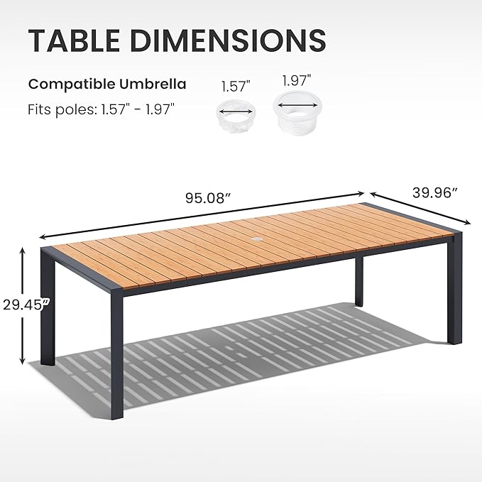 Crestlive Products 95" Outdoor Dining Table for 10, Aluminum Patio Dining Table with Umbrella Hole Weather-Resistant Rectangle Outside Table for Garden Backyard Deck, Brown