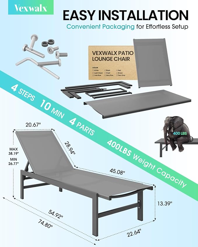 Outdoor Lounge Chair for Pool, Aluminum Chaise Lounge Chairs with 5-Position Recliner, Patio Lounge Chair for Backyard - Photo 3