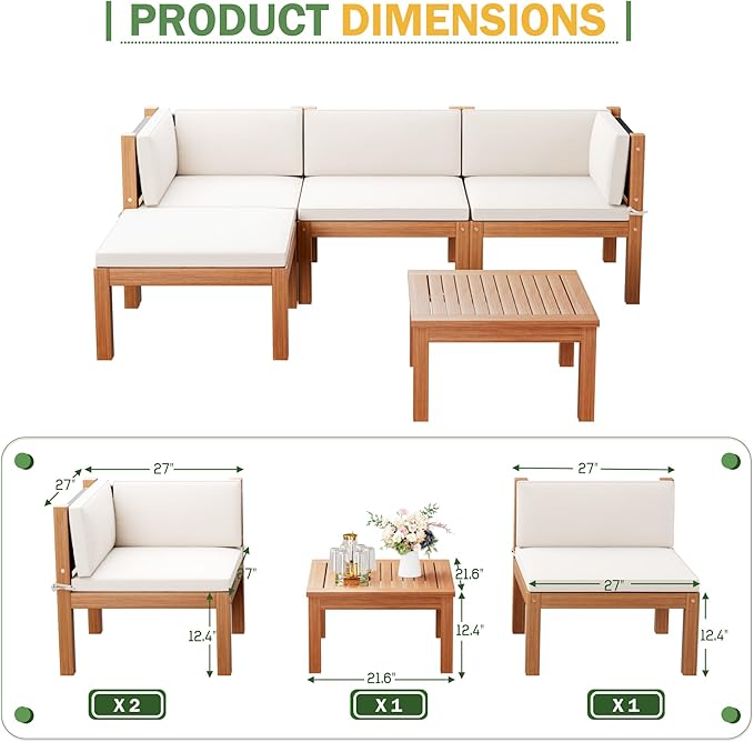 Devoko 5 Pieces Acacia Wood Outdoor Sectional Sofa Set with Coffee Table - Photo 6
