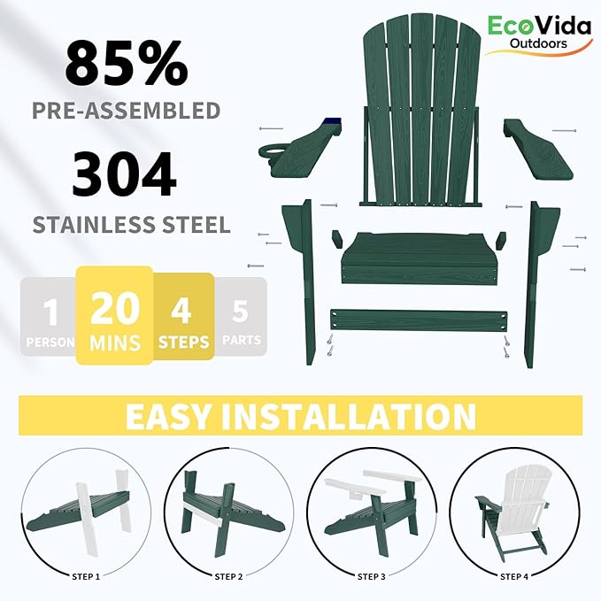 Oversized Folding Adirondack Chair - HDPE All-Weather Outdoor Chair with Cup Holder, 380LB Weight Capacity, UV Protected, Green