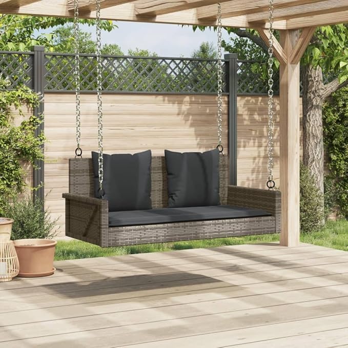 Grey Swing Bench with Cushions, PE Rattan and Powder-Coated Steel Frame - Photo 4