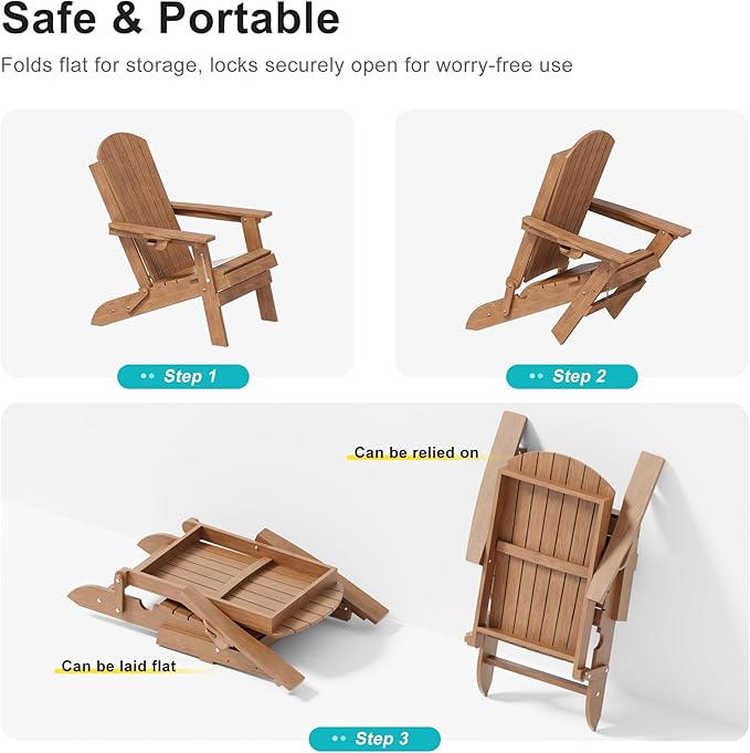 HDPE Foldable Adirondack Outdoor Chair with Cup Holder, Weather Resistant Heavy-Duty Patio Chair for Patio, Backyard, Deck, Fire Pit, Lawn and Porch, Teak
