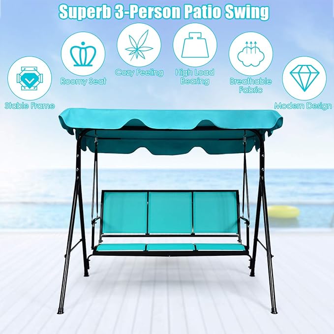 TANGKULA 3 Person Patio Swing, Steel Frame with Polyester Angle Adjustable Canopy, All Weather Resistant Swing Bench - Photo 9