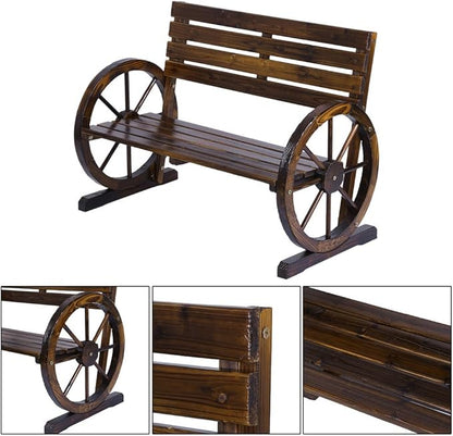 Patio Garden Wooden Wagon Wheel Bench, Rustic Wood Design Outdoor Wagon Wheel Bench Outdoor Furniture Decor (Tan Color)