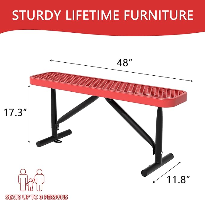 4FT Metal Park Bench for Outside, All-Weather Thermoplastic Coating Outdoor Bench with Anchor, Commercial Heavy Duty Benches for Shopping Malls, Stores, Parks, Patios, Decks, Red