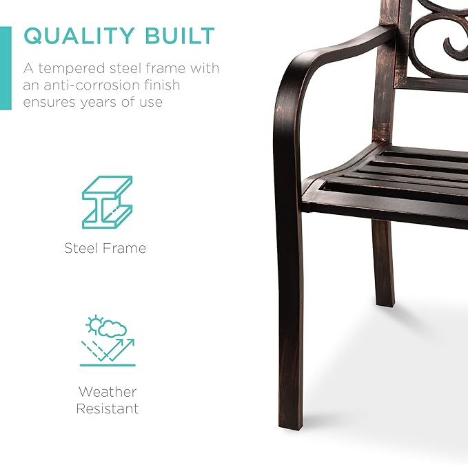 Best Choice Products 50in Classic Steel Garden Bench Chair Furniture for Outdoor, Patio, Yard, Lawn w/Floral Scroll Design - Bronze