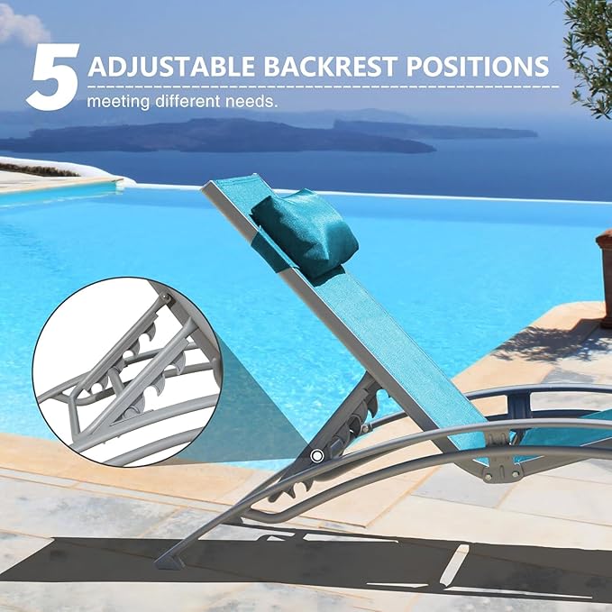 Domi Pool Lounge Chairs Set of 2, Aluminum Adjustable Outdoor Chaise Lounge, All Weather Poolside Chairs for Deck Lawn Poolside, Textilene (Turquoise Blue)