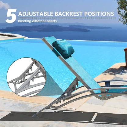 Domi Pool Lounge Chairs Set of 2, Aluminum Adjustable Outdoor Chaise Lounge, All Weather Poolside Chairs for Deck Lawn Poolside, Textilene (Turquoise Blue)