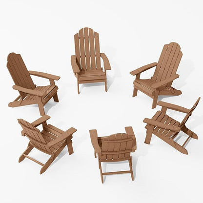 MXIMU Folding Adirondack Chair Set of 6 Weather Resistant Fire Pit Chairs Easy Assemble HIPS Plastic Outdoor Modern Adirondack Chairs for Patio, Lawn, Garden, Backyard, Deck（Teak）