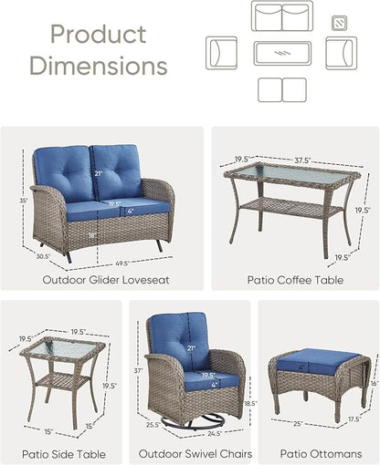 7 Pieces Patio Furniture-Patio Swivel Chairs Set of 2 Outdoor Glider Bench Rocking Chair with Patio Ottomans Patio Conversation Sets for Deck Porch Garden Balcony Poolside-Grey/Blue