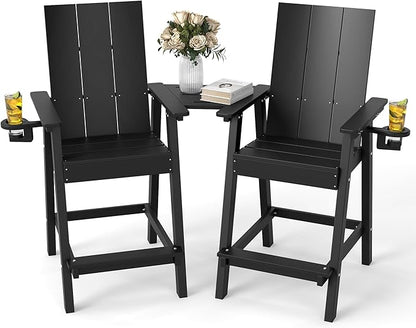 FOOWIN Tall Adirondack Chairs Set of 2,HDPE Adirondack Bar Stools with Connecting Tray & Cup Holders,Weather Resistant Balcony Chair for Outdoor Deck Lawn Pool Backyard Black