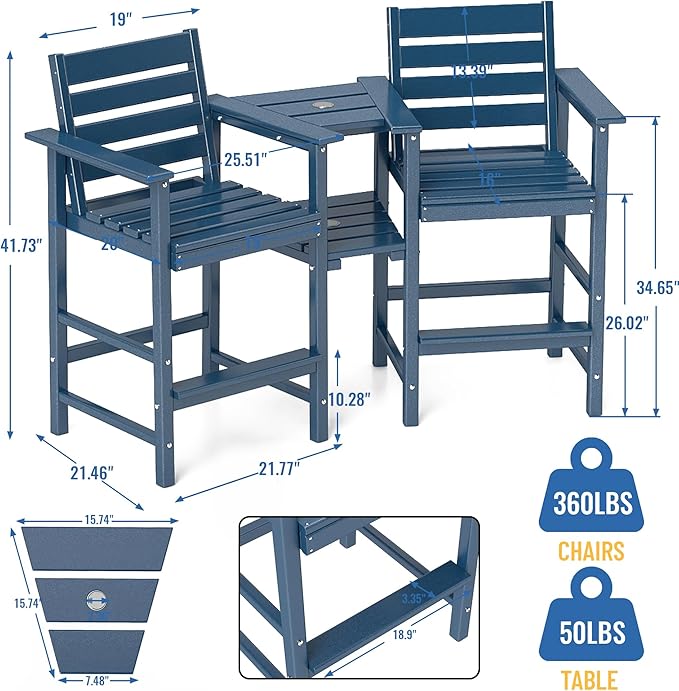 Tall Adirondack Chair Set of 2 ,HDPE Adirondack Bar Stools with Removable Connecting Trays ,Weather Resistant Balcony Chair,Outdoor Adirondack Bar Chairs for Patio,Pool,Garden, Backyard Navy Blue