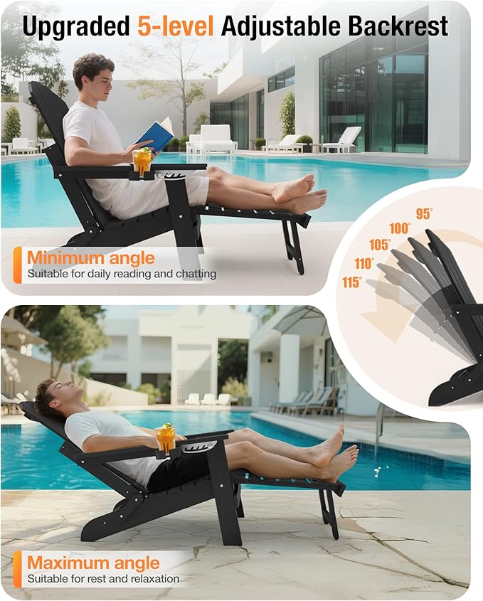 YEFU Adjustable Adirondack Chair with Footrest Set of 4, 5-Level Adjustable Adirondack Chair with Retractable Ottoman& 2 Cup Holder, Folding Adirondacks Chairs Use for Outdoor, Pool, Fire Pit (Black)