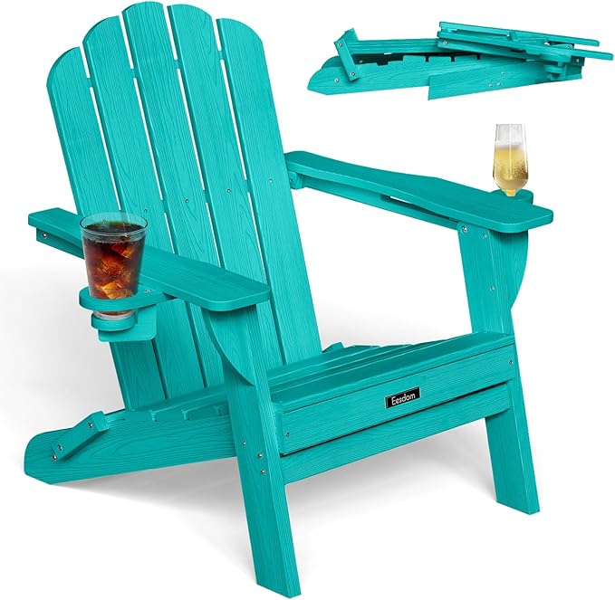 Folding Adirondack Chair, HDPE Adirondack Chair with 2 Cup Holders, Pre-Assembled Outdoor Fire Pit Chairs for Patio - Photo 1