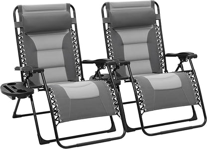 JEAREY Oversized Padded Zero Gravity Chairs Set of 2, Folding Lounge Chair Outdoor Patio Recliner, Anti Gravity Chair for Backyard - Gray/Light Gray