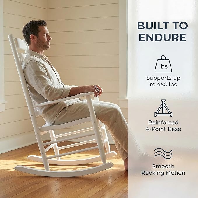 Wooden Outdoor Rocking Chair, Weatherproof Oversized Rocking Chair, Heavy Duty Comfort with 450 lbs Weight Capacity, Solid Relaxing Rocker with High Back for Patio, Porch, Living Room (white)