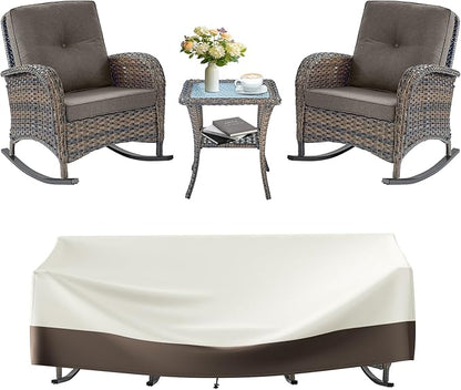 Outdoor Rocking Chairs Set of 2-Patio Table and Chairs Set Outdoor Conversation Furniture Sets for Deck Porch Garden Balcony Poolside-Brown/Grey