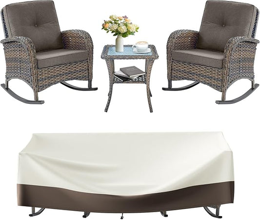 Outdoor Rocking Chairs Set of 2-Patio Table and Chairs Set Outdoor Conversation Furniture Sets for Deck Porch Garden Balcony Poolside-Brown/Grey