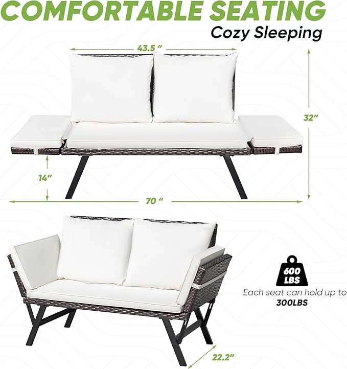 Greesum Outdoor Sofa, Woven Rattan Patio Furniture, Convertible Daybed or Double Chair with Adjustable Armrests - Photo 3