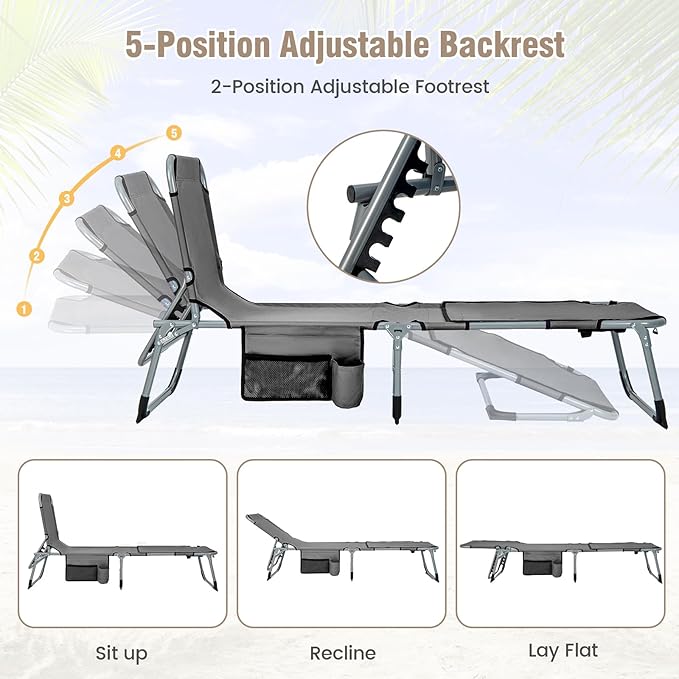 Giantex Set of 2 Tanning Chair, 5-Position Adjustable Beach Chair with Face & Arm Hole, Hand/Shoulder Strap, Removable Pillow, Side Pocket, Load 330 Lbs, Sunbathing Chairs, Lounge Chairs Outdoor, Grey