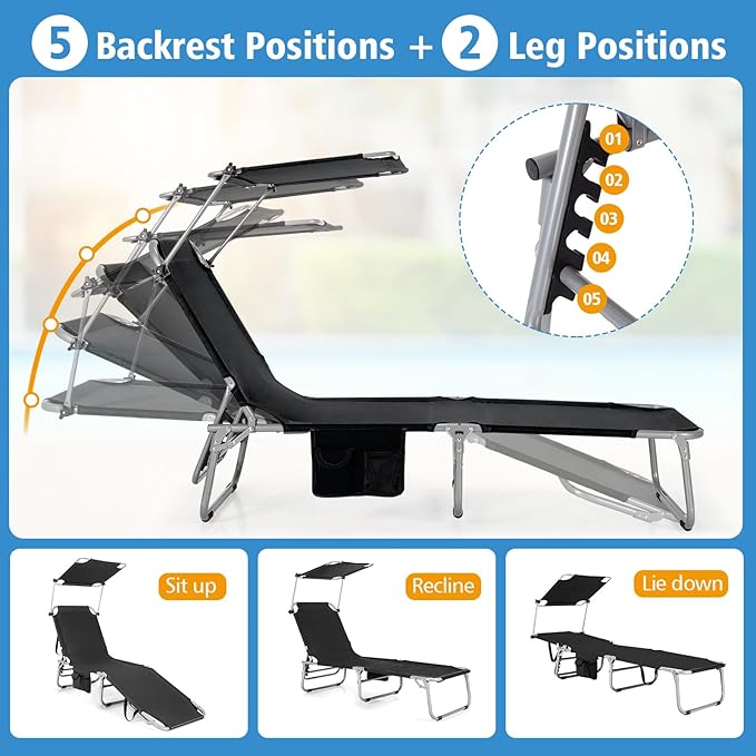 Goplus Tanning Chair, Foldable Beach Lounge Chair with 360°Canopy Sun Shade, Side Pocket, 5-Position Adjustable Outdoor Chaise Lounge Chair for Patio Pool Yard Lawn (1, Black)
