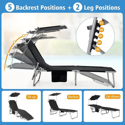 Goplus Tanning Chair, Foldable Beach Lounge Chair with 360°Canopy Sun Shade, Side Pocket, 5-Position Adjustable Outdoor Chaise Lounge Chair for Patio Pool Yard Lawn (1, Black)