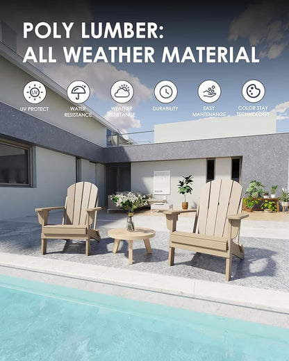Folding Adirondack Chairs Set of 2, All-Weather Resistant HDPE Patio Firepit Chairs, Sturdy Outside Chairs with Cup Holder, Lawn Chairs, 80% Pre-installed Load Capacity 385lb, Weathered Wood