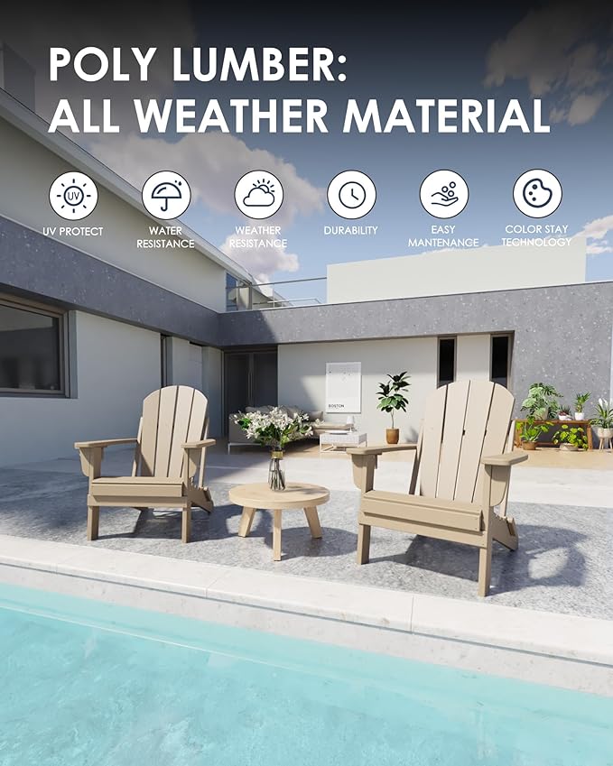 Folding Adirondack Chairs, All-Weather Resistant HDPE Patio Firepit Chairs, Sturdy Outside Chairs with Cup Holder, Lawn Chairs, 80% Pre-Installed Load Capacity 385lb, Weathered Wood
