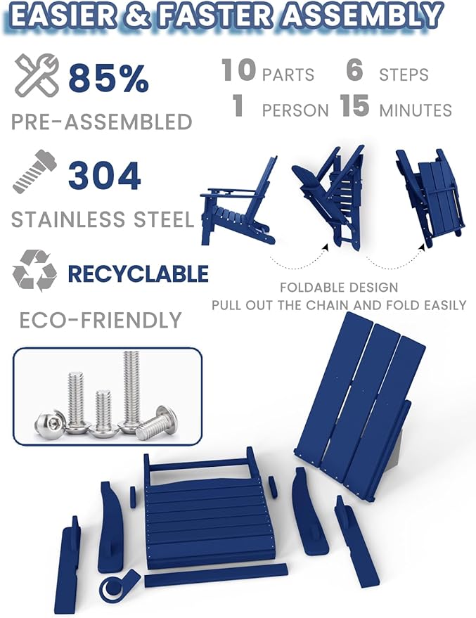 Adirondack Chair with Cup Holder, Folding Outdoor Lawn Chair, HDPE Plastic Fire Pit Chair, Weather Resistant Patio Chairs for Deck, Porch, Backyard, Garden, Navy Blue