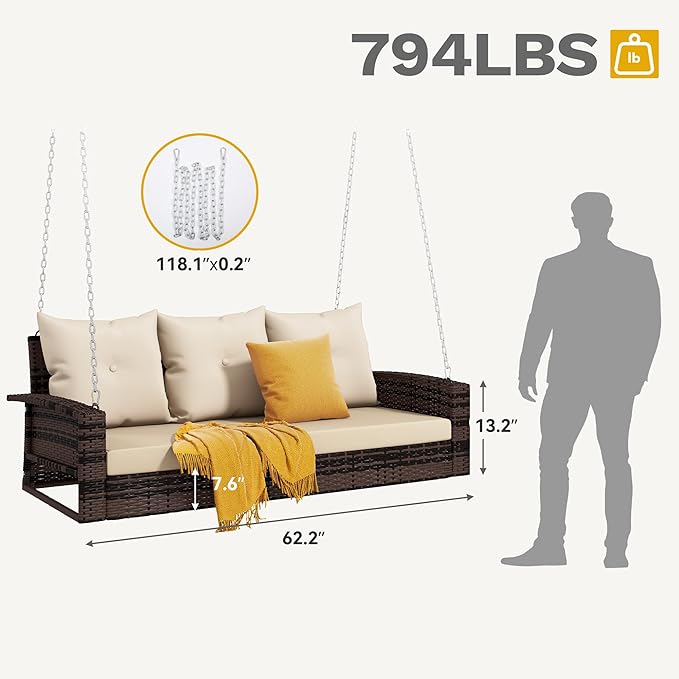 DWVO 3 Seats Porch Swing Hanging Bench Swing Outdoor Wicker Patio Swing Lounge Front Rattan 794lbs for Garden, Balcony - Photo 5