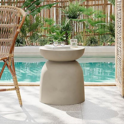 Outdoor Side Table Concrete End Table Faux Stone Side Tables Small Coffee Tables for Indoor Outdoor, Garden Stool Plant Stand for Porch, Backyard Patio, 15.75"X18" Light Grey-Round