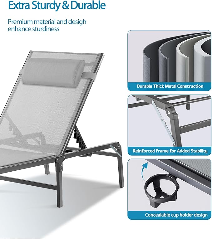 4 Pack Foldable Chaise Lounge Chair with Cup Holder - Photo 6