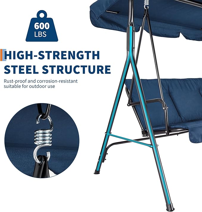 Porch Swing Chair with Adjustable Canopy for Adults 3-Seat Patio Glider Bench with Thick Cushions Steel Frame Outdoor Swing Chair for Backyard Lawn Garden Blue