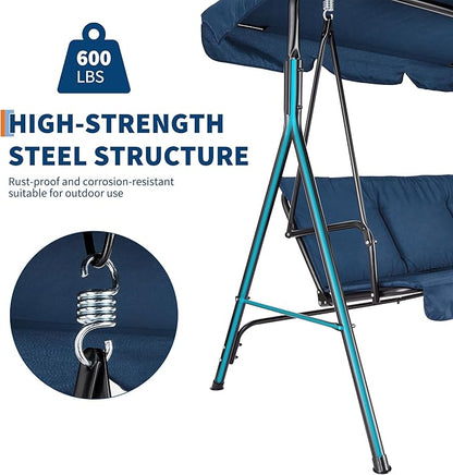 Porch Swing Chair with Adjustable Canopy for Adults 3-Seat Patio Glider Bench with Thick Cushions Steel Frame Outdoor Swing Chair for Backyard Lawn Garden Blue