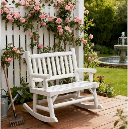 Heavy Duty Wooden Loveseat Rocker with Curved Seat Design for Patio Backyard Garden Use