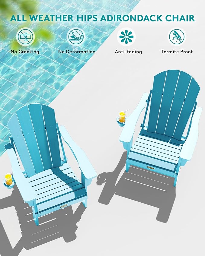SERWALL Folding Adirondack Chair with Cup Holder Weather Resistant Patio Chair Outdoor Chairs Painted Adirondack Chairs - Photo 9