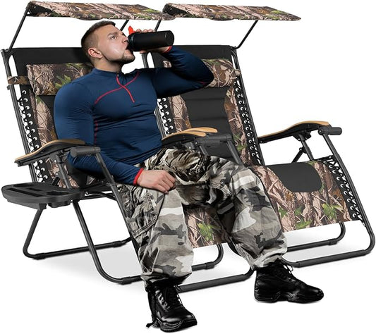 MoNiBloom 29-Inch Oversized Zero Gravity Chairs Set of 2, Patio Anti Gravity Recliner with Canopy Shade, XL Foldable Outdoor Lounger with Cup Holder Tray for Beach Camping, Jungle